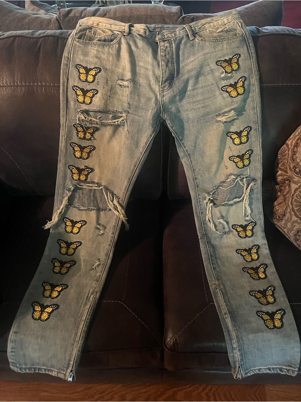 MNML Light Blue Skinny Jeans with Yellow Butterfly Patches